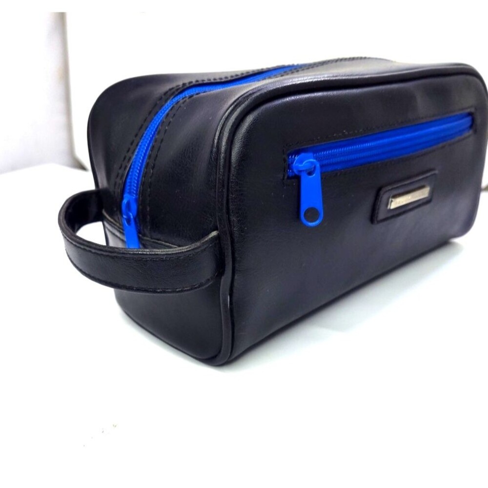 Perry Ellis Mens Leather toiletry Bag Dopp kit Black 10x5x5 Zip Pockets w Handle
